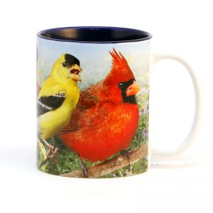 Colorful summer birds in morning meadow 15 oz mug blue Interior