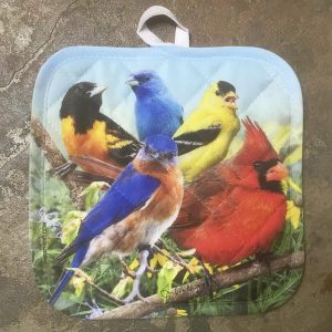 Colorful summer birds in morning meadow potholder