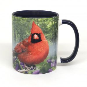 Cardinals in foggy summer woodland  mug 15 oz. blue interior