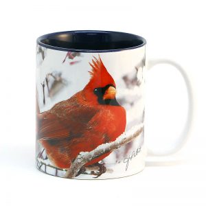 cardinals in snow mug 15 oz. blue interior