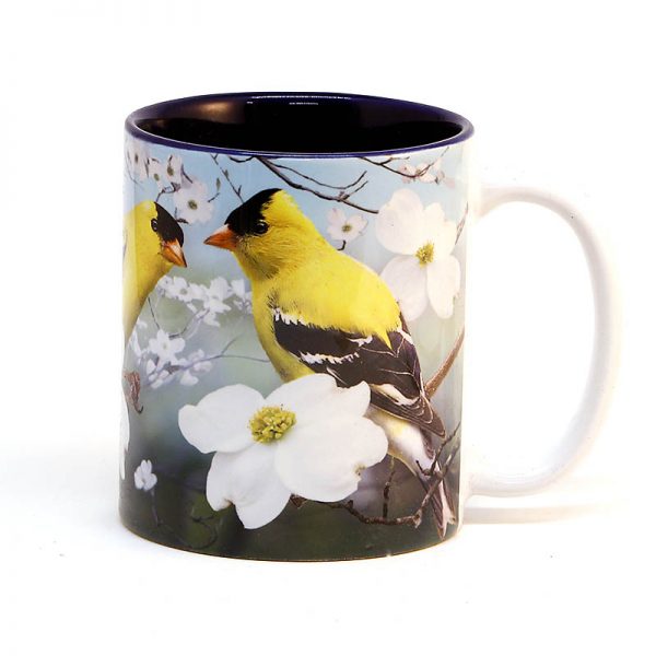 American goldfinches with flowering dogwoods  15 oz mug blue interior
